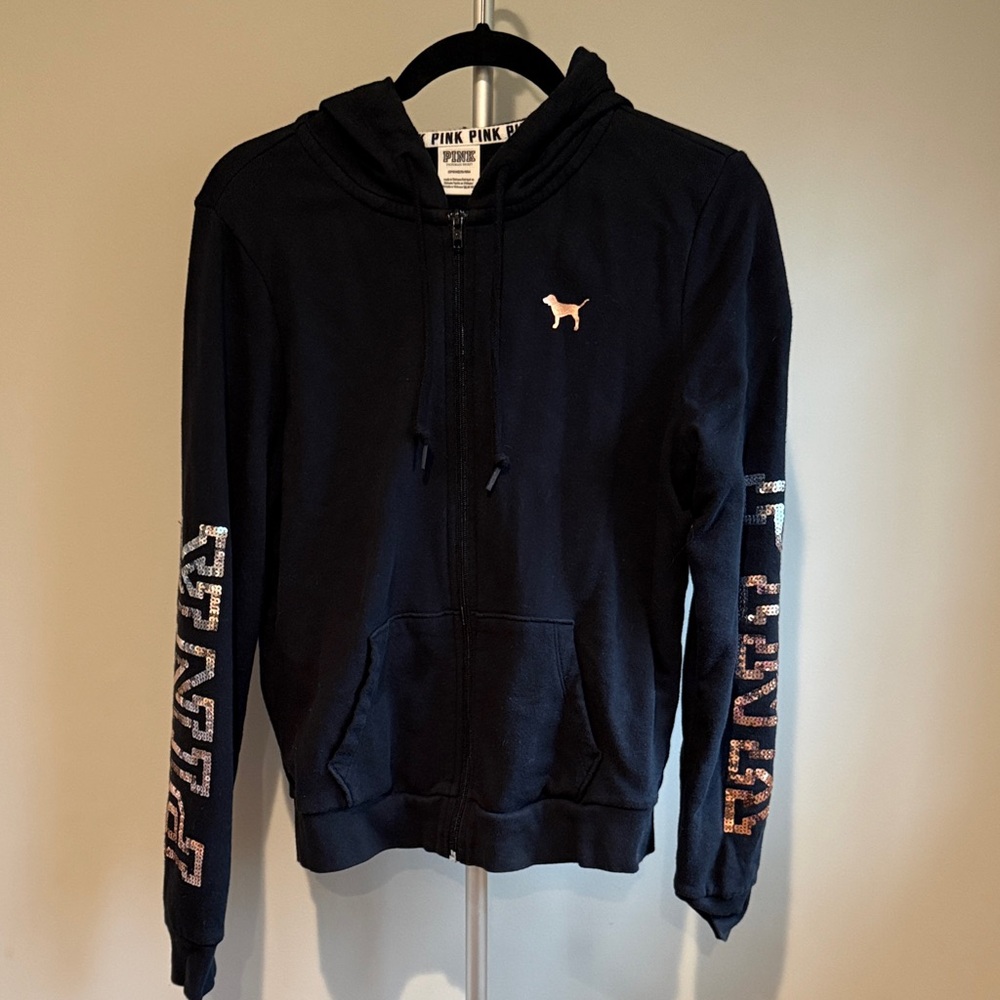PINK Victoria's Secret Black Zip Up Hoodie with Gold Sequin Accents Size Small - Picture 2 of 8